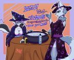  alcohol alcoholic_drink beverage breast_on_table breast_squish breasts cauldron cleavage clothed clothing dialogue halloween halloween_costume hi_res holidays party sassy squish talking_to_another thigh_window witch_costume 