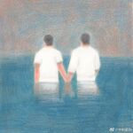  2boys bara couple faceless faceless_male from_behind holding_hands looking_away male_focus multiple_boys original painterly partially_submerged shirt short_hair surreal t-shirt white_shirt yaoi yuzhou_fei_gou 
