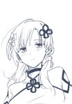  1girl absurdres assault_lily choker commentary flower greyscale hair_flower hair_ornament highres kashikaze lineart long_hair low_side_ponytail monochrome short_sleeves simple_background solo upper_body wang_yujia 