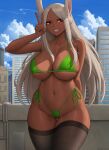  1girl animal_ears bikini black_nails black_thighhighs blue_sky boku_no_hero_academia breasts building cleavage dark-skinned_female dark_skin english_commentary green_bikini grin hand_up highres large_breasts long_hair looking_at_viewer mirko nail_polish navel rabbit_ears rabbit_girl red_eyes side-tie_bikini_bottom sideboob sky skyscraper smile solo standing swimsuit thigh_gap thighhighs thighs underboob v white_hair zaphn 