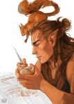  1boy baldur&#039;s_gate baldur&#039;s_gate_3 braid brown_hair dark-skinned_male dark_skin dungeons_and_dragons elf from_side half-closed_eyes halsin large_ears male_focus mature_male medium_hair pointy_ears profile solo squirrel tattoo thick_eyebrows upper_body yol3art 