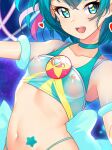  1girl close-up covered_nipples green_eyes green_hair hagoromo_lala heart looking_at_viewer navel open_mouth precure rumo short_hair solo sports_bra star-shaped_pupils star_(symbol) star_twinkle_precure symbol-shaped_pupils teeth thong tongue upper_teeth_only 