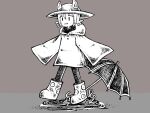  1other :3 androgynous animal_ears black_socks boots cat_ears co8 grey_background hat monochrome niko_(oneshot) oneshot_(game) puddle socks tunic umbrella whiskers 