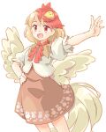  1girl animal_on_head arnest bird bird_on_head blonde_hair blush chick cowboy_shot dress hand_on_own_hip medium_hair multicolored_hair niwatari_kutaka on_head open_mouth orange_dress outstretched_arm red_eyes red_hair short_sleeves simple_background smile solo tail touhou two-tone_hair white_background wings 