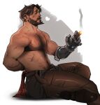  1boy arm_behind_back artist_name bara beard black_hair black_pants cassidy_(overwatch) chest_hair chris_sdd cigar crossed_legs facial_hair heart highres holding holding_cigar large_pectorals male_focus mechanical_arms muscular muscular_male navel navel_hair nipples overwatch overwatch_1 pants pectorals short_hair simple_background single_mechanical_arm solo white_background 