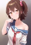  1girl blue_sailor_collar blue_trim blurry blush breasts brown_eyes brown_hair closed_mouth collarbone depth_of_field dot_nose finger_to_mouth gradient_background grey_background hair_ornament hair_scrunchie hairclip hand_up highres idolmaster idolmaster_million_live! idolmaster_million_live!_theater_days kasuga_mirai koaya looking_at_viewer neckerchief one_side_up pink_scrunchie polka_dot polka_dot_scrunchie red_neckerchief sailor_collar school_uniform scrunchie serafuku shirt short_hair short_sleeves single_bare_shoulder single_off_shoulder small_breasts smile solo upper_body white_shirt 