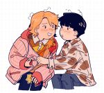  2boys absurdres black_eyes black_hair blonde_hair blush brown_shirt cherrybeez collared_shirt eye_contact grid_background hanazawa_teruki hand_on_another&#039;s_arm highres hood hood_down hooded_jacket jacket kageyama_shigeo long_sleeves looking_at_another male_focus mob_psycho_100 multiple_boys open_clothes open_jacket open_mouth orange_shirt pants pink_jacket shirt short_hair simple_background sitting smile white_background yaoi 