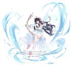  1girl absurdres ankle_boots archery arrow_(projectile) asymmetrical_legwear beret black_hair blue_eyes boots bow bow_(weapon) bowtie detached_sleeves drawing_bow dress full_body genshin_impact hat hello_kiki highres holding holding_arrow holding_bow_(weapon) holding_weapon ice long_hair long_sleeves original pink_bow pink_bowtie puffy_long_sleeves puffy_sleeves single_sock single_thighhigh sleeveless sleeveless_dress socks solo thighhighs uneven_legwear watermark weapon white_background white_dress white_footwear white_headwear white_socks white_thighhighs wing_ears 