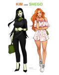  2girls alternate_costume artist_name bag black_footwear black_hair black_pants black_shirt bracelet character_name colored_skin dress earrings english_text floral_print floral_print_dress full_body green_bag green_eyes green_skin high_heels highres holding holding_bag hoop_earrings jewelry kim_possible kim_possible_(series) long_hair looking_at_viewer midriff multiple_girls necklace olena_minko orange_hair pants patreon_username print_dress purple_lips shego shirt shoes simple_background sneakers watch watermark web_address white_background white_dress white_footwear white_sneakers wristwatch 