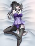  2020 absurd_res anthro anutka babydoll bedding bedding_background biped breasts clothed clothing digital_media_(artwork) eyebrows eyelashes female grey_hair hair heart_(marking) hi_res hooves horn lying mammal navel nightgown on_back panties pink_nose purple_clothing purple_panties purple_underwear raised_arms red_eyes shaded solo tail translucent translucent_clothing underwear 