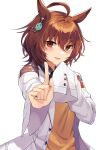  1girl agnes_tachyon_(umamusume) ahoge akitsuki_(oenothera) animal_ears brown_eyes brown_hair coat earrings hair_between_eyes highres horse_ears horse_girl jewelry medium_hair open_mouth shirt simple_background sleeves_past_fingers sleeves_past_wrists smile solo umamusume upper_body white_background 