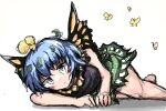  1girl alternate_breast_size antennae aqua_hair breasts bug butterfly butterfly_wings dress eternity_larva eye20806972 fairy green_dress hair_ornament highres leaf leaf_hair_ornament leaf_on_head looking_at_viewer lying multicolored_clothes short_hair short_sleeves solo touhou wings yellow_wings 