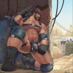  bara benoit black_bodysuit bodysuit bulge facial_hair highres mature_male metal_gear_(series) metal_gear_solid muscular muscular_male pectorals skin_tight solid_snake thick_thighs thighs 