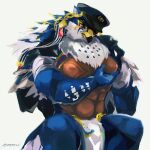  abs accipitrid accipitriform anthro avian beak bird blue_body blue_feathers bottomwear clothing cop_hat ear_piercing ear_ring feathers hi_res horus_(tas) lifewonders loincloth male pec_grope pecs petadodu piercing ring_piercing self_grope sitting solo spread_legs spreading tanned_skin tokyo_afterschool_summoners white_body white_feathers 