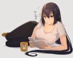  1girl alternate_costume black_hair black_pants book breasts brown_eyes casual cleavage closed_mouth cup grey_background hair_between_eyes highres kantai_collection kasumi_(skchkko) large_breasts long_hair nagato_(kancolle) pants revision shirt short_sleeves simple_background smile solo translated white_shirt 