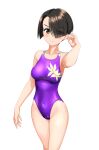  1girl absurdres black_hair blurry blurry_background bob_cut breasts commentary_request competition_swimsuit covered_navel cowboy_shot floral_print girls_und_panzer green_eyes hair_over_one_eye highres inverted_bob medium_breasts multicolored_clothes multicolored_swimsuit one-piece_swimsuit purple_one-piece_swimsuit short_hair simple_background solo swimsuit takafumi vanilla_(girls_und_panzer) variant_set white_background 