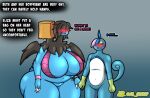  2_heads al_gx anthro anthrofied bag_over_head big_breasts black_hair blue_body blush breasts casual_nudity comic dialogue dragon drizzile duo elizabeth_(al_gx) english_text female generation_5_pokemon generation_8_pokemon hair hand_holding hi_res huge_breasts multi_head narrowed_eyes nintendo overweight overweight_female paper_bag pokemon pokemon_(species) short_hair shy simple_background solo text wide_hips wings zweilous 
