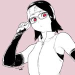  1girl bare_shoulders boruto:_naruto_next_generations dated detached_sleeves forehead_protector glasses greyscale looking_at_viewer monochrome naruto_(series) red_eyes short_hair signature simple_background solo spot_color tsukudani_(coke-buta) uchiha_sarada 