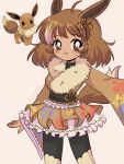  1990s_(style) 1girl animal_ears black_pantyhose blush breasts brown_eyes brown_hair brown_kimono chelly_(chellyko) creature_and_personification eevee flower fur-trimmed_kimono fur_trim grin hair_flower hair_ornament heart heart_in_eye highres japanese_clothes kimono long_sleeves looking_at_viewer medium_breasts obi pantyhose personification pokemon reference_inset retro_artstyle sash short_hair simple_background smile standing symbol_in_eye tail teeth white_background 