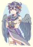  1boy ahoge angel angel_wings armband armlet black_hair black_wings cowboy_shot cropped_legs crossed_arms dark_pit feathered_wings kid_icarus kid_icarus_uprising laurel_crown looking_to_the_side male_focus nopepe red_eyes solo wings 