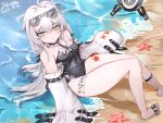  1girl ahoge beach black_one-piece_swimsuit dated detached_collar detached_sleeves edison_(mvpg8237) eyewear_on_head fishnet_footwear grey_eyes grey_hair highres leg_tattoo long_hair no.21_(punishing:_gray_raven) non-humanoid_robot one-piece_swimsuit pentagram_tattoo punishing:_gray_raven robot signature sleeves_past_fingers sleeves_past_wrists solo starfish sunglasses swimsuit tattoo wide_sleeves 