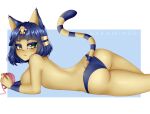  1girl animal_crossing animal_ears ankha_(animal_crossing) artist_name ass back blue_hair blue_panties bob_cut bracelet breasts cat cat_ears cat_girl cat_tail cataxtrophyy closed_mouth colored_eyelashes colored_skin eyelashes green_eyes hair_ornament highres jewelry looking_back lying nail_polish no_bra on_stomach outside_border panties short_hair sideways_glance solo string striped striped_tail tail thick_eyebrows thighs topless underwear white_background yarn yarn_ball yellow_skin 