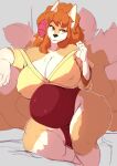  absurd_res anthro belly big_belly big_breasts breasts brown_body brown_fur canid canine cleavage clothed clothing eyebrow_through_hair eyebrows eyelashes female fingers fox fur hair hi_res huge_breasts inu-sama long_hair mammal multi_tail multicolored_body multicolored_fur nipple_outline orange_eyes orange_hair pregnant pregnant_female solo tail thick_thighs translucent translucent_hair two_tone_body two_tone_fur white_body white_fur wide_hips 