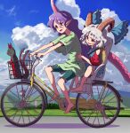  2girls animal barefoot bicycle blue_dress blue_ribbon cat cloud cloudy_sky day dress earrings green_shirt green_shorts grey_hair highres horn_ornament horn_ribbon horns jewelry kaenbyou_rin kaenbyou_rin_(cat) long_hair multiple_girls open_mouth outdoors pink_horns pointy_ears purple_hair red_eyes red_horns red_sleeves ribbon riding riding_bicycle sheep_horns shirt short_hair short_sleeves shorts single_horn sky smile syope tail tenkajin_chiyari touhou toutetsu_yuuma unfinished_dream_of_all_living_ghost 