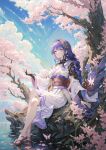  1girl ai-generated alternate_costume braid braided_ponytail breasts bridal_gauntlets cherry_blossoms cleavage genshin_impact hair_ornament highres in_tree japanese_clothes large_breasts lofterdls long_hair long_sleeves looking_at_viewer mole mole_under_eye purple_eyes purple_hair raiden_shogun sitting sitting_in_tree solo tree 