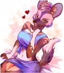  &lt;3 african_wild_dog anthro bottomwear breasts brown_body brown_eyes brown_fur canid canine clothed clothing female fully_clothed fur hi_res inner_ear_fluff mammal midriff miniskirt myoniis navel sitting skirt solo topwear tuft 