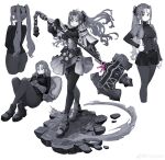  1girl absurdres ass axe buckle corset faux_figurine from_behind gauntlets gloves greyscale hair_ribbon hand_on_own_hip highres holding holding_axe jun_(navigavi) long_hair lying monochrome on_back original pantyhose ribbon skirt smile solo spot_color twintails weibo_logo weibo_username 