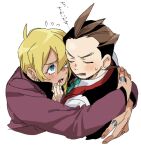  2boys ace_attorney antenna_hair apollo_justice black_shirt blonde_hair blue_eyes blush brown_hair chanko_neru closed_eyes collared_shirt cropped_torso crying earrings fingernails green_necktie hair_between_eyes hug jacket jewelry klavier_gavin long_sleeves looking_at_another lower_teeth_only male_focus multiple_boys necktie open_mouth popped_collar purple_jacket red_vest ring shirt short_hair simple_background sweat tan teeth thumb_ring translation_request v-shaped_eyebrows vest white_background white_shirt yaoi 