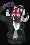  1girl black_background black_bow black_gloves black_jacket black_skirt bow collared_shirt cross danganronpa_(series) danganronpa_3_(anime) dress_shirt flipped_hair gloves grey_hair grey_shirt hair_over_one_eye holding_frame iei jacket kimura_seiko long_hair long_sleeves looking_at_viewer mask mouth_mask open_clothes open_jacket purple_eyes shimada_(dmisx) shirt shirt_tucked_in simple_background skirt solo 