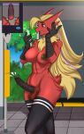  absurd_res anthro balls blaziken blonde_hair breasts clothed clothing erection generation_3_pokemon genitals gynomorph hair hi_res intersex legwear legwear_only mostly_nude nintendo nipples open_mouth penis pokemon pokemon_(species) purple_eyes rolling_beast solo stockings stockings_only 