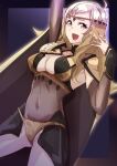  1girl absurdres ahoge arms_up blonde_hair breasts circlet fire_emblem fire_emblem_fates grey_eyes highres medium_breasts navel open_mouth ophelia_(fire_emblem) solo swept_bangs to_(tototo_tk) 