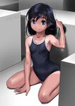  1girl black_hair black_one-piece_swimsuit blue_eyes box breasts collarbone commentary_request competition_school_swimsuit highres holding holding_hair kneeling looking_at_viewer medium_hair one-piece_swimsuit original rohitsuka school_swimsuit small_breasts solo swimsuit 