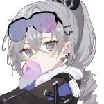  1girl black_sleeves chewing_gum closed_mouth crossed_bangs drill_hair earrings fur_trim goggles goggles_on_head grey_eyes grey_hair hair_between_eyes high_ponytail highres honkai:_star_rail honkai_(series) jewelry light_blush looking_at_viewer luna_(luna610) silver_wolf_(honkai:_star_rail) simple_background single_drill solo twitter_username upper_body white_background 