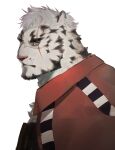  1boy absurdres animal_ears arknights bara beard blue_eyes eyebrow_cut facial_hair frown furry furry_male highres looking_at_viewer male_focus mature_male mountain_(arknights) official_alternate_costume prisoner pu94_d1de4c short_hair solo tiger_boy tiger_ears upper_body white_fur 