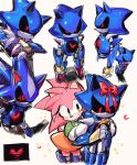  1girl amy_rose black_eyes black_sclera boots bow colored_sclera furry furry_female gloves green_shirt heart metal_sonic neo_metal_sonic orange_skirt red_bow red_eyes robot shirt sketch skirt smile sonic_(series) usa37107692 white_gloves 