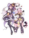  2girls :3 :d absurdres alan._(bcy105339667574) animal_ear_legwear animal_ears asymmetrical_legwear bcy black_cloak black_footwear black_gloves black_headwear black_skirt black_thighhighs blush boots bottle bow bow_skirt bracelet cape cat_ear_legwear cat_ears cat_hair_ornament cat_tail claw_pose cloak corset demon_horns demon_tail frilled_cape fur_boots glass_bottle gloves hair_ornament halloween_costume hands_up hat high_heels highres holding holding_bottle holding_wand horns huhu jack-o&#039;-lantern_ornament jewelry layered_skirt looking_at_viewer low_twintails medium_hair miao_jiujiu mismatched_legwear multiple_girls overskirt pink_hair puffy_shorts purple_bow purple_corset purple_hair red_bow red_eyes ruan_miemie shirt short_sleeves shorts skirt smile standing standing_on_one_leg tail tail_bow tail_ornament thighhighs twintails wand white_background white_shirt witch_hat yellow_cape yellow_corset yellow_shorts yellow_thighhighs 
