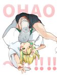  :q absurdres amano_pikamee black_hairband black_shorts blonde_hair blush colored_inner_hair commentary english_text green_eyes green_hair hairband halftone hand_up highres licking_lips looking_at_viewer multicolored_hair ryo_(ryo_skrdi) salute shirt shoe_soles shoes shorts simple_background sketch sneakers symbol-only_commentary tongue tongue_out two-tone_hair upshorts virtual_youtuber voms w white_background white_shirt wide_sleeves 