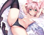  1girl :o animal_ears arms_up ass black_panties black_thighhighs blue_eyes blush breasts cameltoe commentary copyright_request ear_tag feathered_wings feet flower green_eyes hair_flower hair_ornament head_tilt heterochromia highres knees_apart_feet_together looking_at_viewer lying navel no_pants no_shoes nyahu_(nyahu_77) on_back panties parted_lips pillow pillow_grab short_hair small_breasts smile solo spread_legs spread_toes symbol-only_commentary thighhighs toes topless underwear white_background white_wings wing_censor wings 