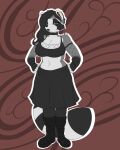  anthro big_breasts blackbetty boots breasts cleavage clothed clothing ear_piercing female footwear franciene_(tango&#039;s_family) fur goth hair hi_res legwear looking_at_viewer makeup mammal piercing procyonid raccoon solo tail wide_hips 