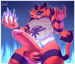  anthro balls biped black_body blue_eyes blue_fire border colored_fire erection fire front_view generation_7_pokemon genitals hi_res incineroar male nintendo orionsmaniac_(artist) penis pokemon pokemon_(species) red_body solo tongue tongue_out varium_(character) white_border yellow_sclera 