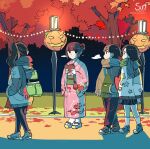  1boy 3girls artist_logo autumn autumn_leaves backpack bag chocolate commentary english_commentary flower food geta green_sash hair_bun hair_flower hair_ornament hands_in_pockets high_ponytail holding holding_chocolate holding_food jack-o&#039;-lantern japanese_clothes kimono lamppost long_hair looking_at_another mimi_n multiple_girls night no_mouth obi original outdoors park patreon_username pink_kimono ponytail road sash scarf short_hair street tree walking wide_sleeves yukata 