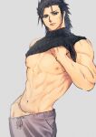  1boy ah_yoshimizu biceps black_hair blue_eyes commentary_request crisis_core_final_fantasy_vii final_fantasy final_fantasy_vii final_fantasy_vii_remake hair_slicked_back hand_in_pants highres male_focus muscular nipples partially_undressed pectorals scar scar_on_cheek scar_on_face sleeveless sleeveless_turtleneck spiked_hair sweatdrop topless_male turtleneck undressing zack_fair 