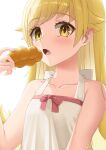  1girl absurdres blonde_hair commentary doughnut dress fang food highres long_hair looking_at_viewer mk_tory monogatari_(series) open_mouth oshino_shinobu pointy_ears sleeveless sleeveless_dress solo upper_body white_dress yellow_eyes 