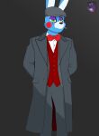  absurd_res animatronic anthro blue_body bow_tie cigarette clothing deriftr five_nights_at_freddy&#039;s five_nights_at_freddy&#039;s_2 flat_cap grey_clothing grey_suit hat headgear headwear hi_res humanoid lagomorph leporid machine male mammal rabbit riftr_(deriftr) robot scar scottgames smoking solo standing suit topwear vest 