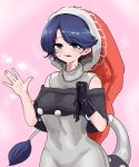  1girl \||/ absurdres bare_shoulders black_capelet black_gloves blue_eyes blue_hair blush capelet commentary_request doremy_sweet dot_nose dress gloves gloves_removed grey_dress hand_up hat highres ise_corridor looking_at_viewer nightcap open_mouth pink_background pom_pom_(clothes) red_headwear short_hair smile solo steaming_body sweat tail tapir_tail touhou 