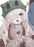  1girl :3 absurdres aran_sweater beanie blush brown_sweater cable_knit character_hat commentary fangs flower green_headwear grey_eyes hair_over_one_eye hat highres isekai_joucho jewelry kamitsubaki_studio long_hair looking_up open_mouth own_hands_together pendant raised_eyebrows red_flower red_hair red_shawl ria_(rian_0210) shawl shoulder_strap sidelocks sleeves_past_wrists smile solo sweater turtleneck virtual_youtuber wavy_hair white_hair yellow_flower 